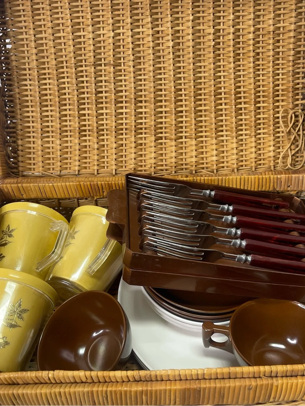 Vintage 1950s Stanhome MCM Picnic Basket Suitcase Set Plates Cups Knives Forks